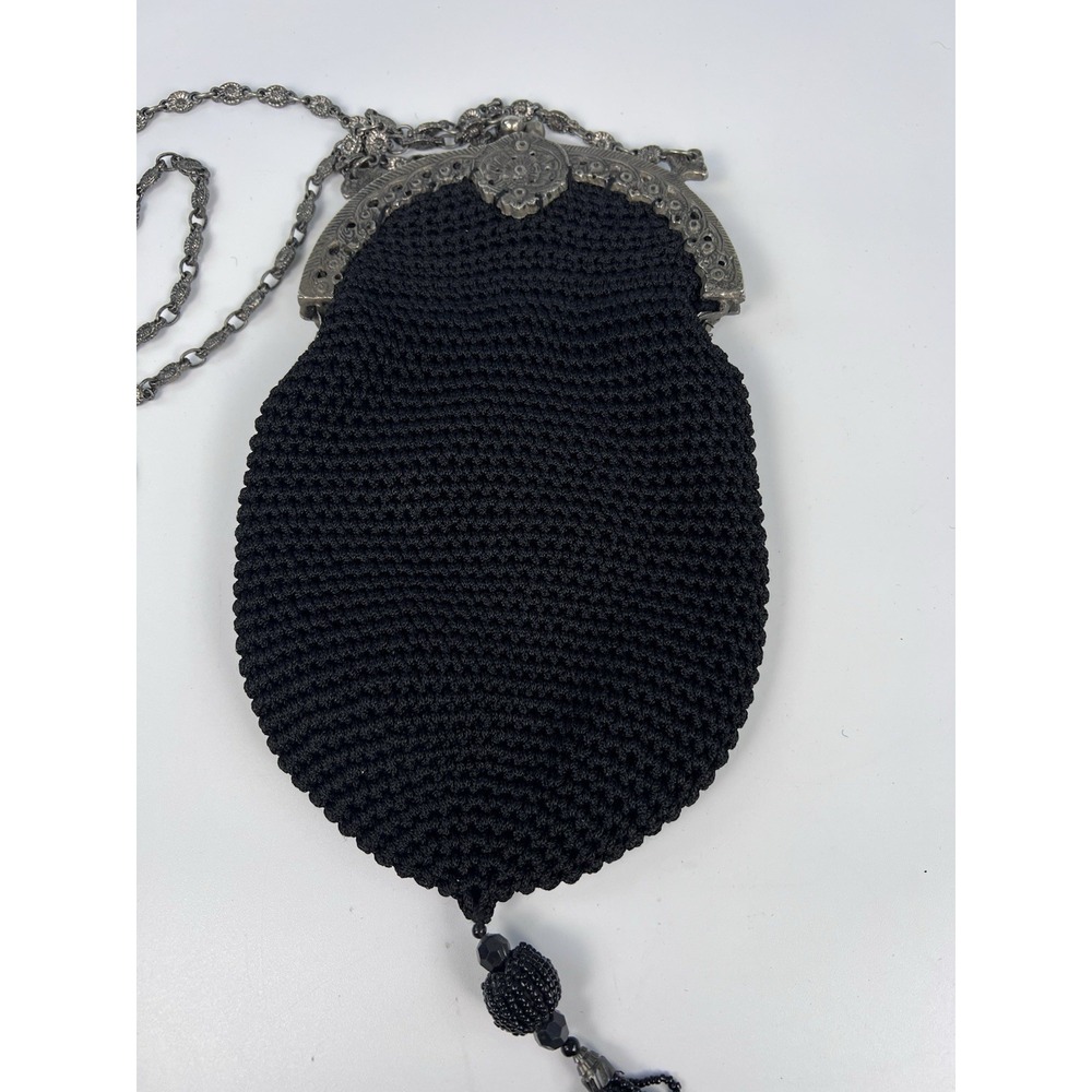 Vintage Antique Crochet Evening Bag Ribbon Embroidery Roses Filigree Frame Black - Picture 2 of 9